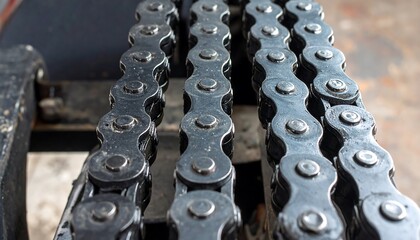 Close-up view of multiple parallel metal chains, showcasing their intricate links and connecting components.