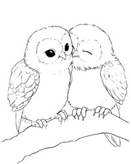 Two adorable owls perched closely together on a branch in a black and white line drawing style illustration