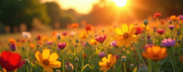 Obraz premium Vibrant wildflowers bathed in golden sunset light, landscape, orange, wild