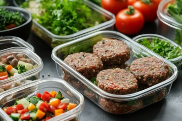Fresh vegan meal prep with plant-based burgers and vibrant vegetables