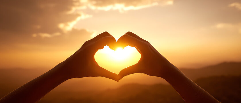 Hands forming a heart shape framing the glowing sun during a golden sunset over a hazy landscape