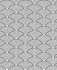Black and white seamless pattern of overlapping semicircles creating a wave like design for backgrounds