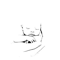 Illustration of a sleeping baby resting in someone's arms in a black and white minimalist drawing