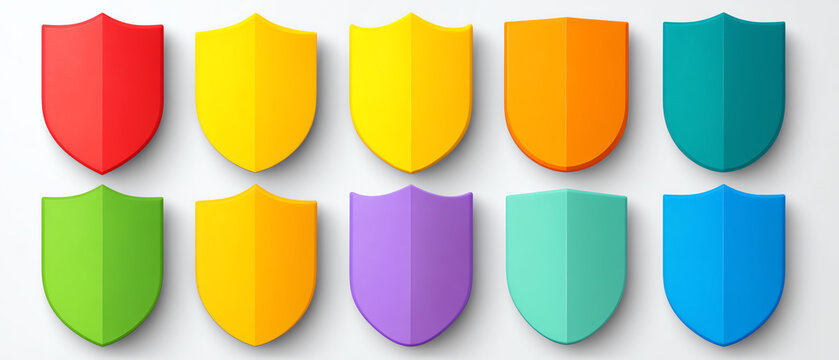 Ten colorful shield icons arranged in two rows on a light background, featuring red, yellow, orange, green, purple, teal, and blue hues with a modern flat design style