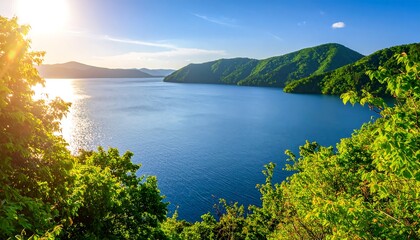 Obraz premium Serene lake nestled in lush green mountains at sunset
