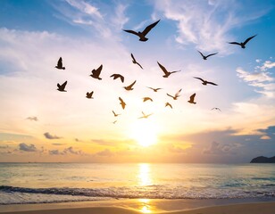 Birds soaring over a tranquil beach sunset