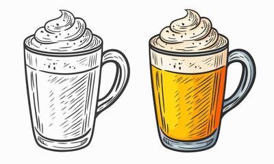 Hand drawn sketch style illustration of pumpkin spice latte. Outline style and colored