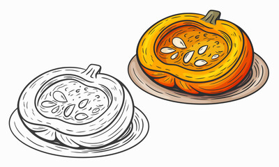 Hand drawn sketch style illustration of bakered pumpkin. Outline style and colored
