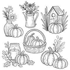 Hand drawn sketch illustration of autumn decorations with pumpkins, basket, flowers, candle, acorn, and wooden birdhouse. Vintage style fall composition perfect for Thanksgiving, harvest