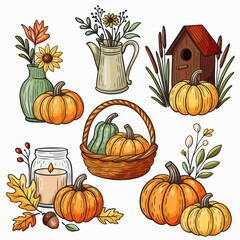 Autumn harvest illustration set with pumpkins, flowers, candle, birdhouse, basket, and fall leaves. Cozy seasonal clipart in hand-drawn style, perfect for Thanksgiving, fall decor, and holiday design.