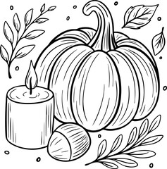 Hand drawn sketch illustration of autumn composition with pumpkin. Cozy rustic fall design perfect for Thanksgiving, seasonal decoration, harvest celebration, and home decor