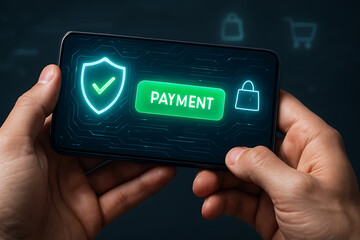 Secure online payment process, a person is holding a smartphone with a protected payment screen and a shield icon with a checkmark