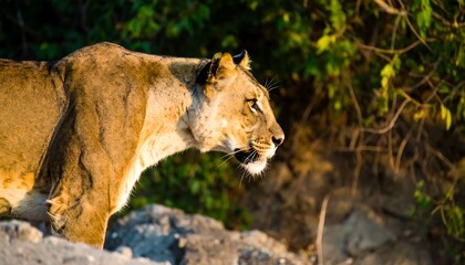 A majestic lioness, profile view, stands alert amidst a natural, sunlit environment.