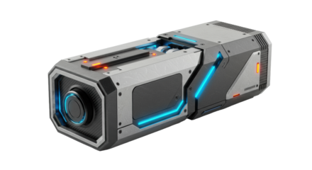 Exquisite abstract technological device with blue/orange LEDs and sharp edges, on transparent studio, copy space, concept of engineering