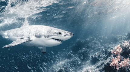 A great white shark chasing fish near a coral reef, top-down perspective, dramatic underwater dynamics, clear ocean visibility 