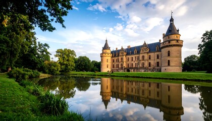 Obraz premium A large, historic castle reflects serenely in a tranquil moat.