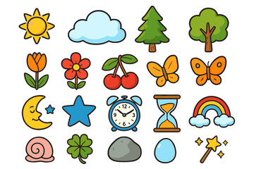 Cute cartoon icon set of nature and time elements. Kawaii doodle sticker pack with sun, moon, tree, flower, butterfly, rainbow, and clock. Vector illustration for kids design.