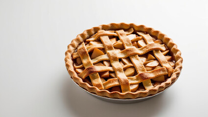 Obraz premium Apple pie, lattice crust, baked dessert, golden brown, sweet, isolated on white background