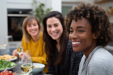 Friends laughing around a kitchen table with snacks and drinks, candid smartphone-like shot, natural light, 