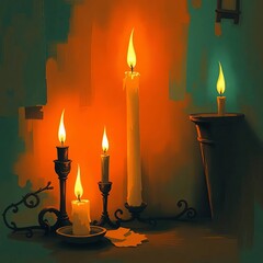 Fototapeta premium Generative AI Candlelight Still Life with Warm Glow Candle Candles Still life Painting Warm light Flame Wax Dark Room Table Candlestick Orange Green Shadow Glowing Cozy
