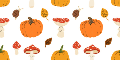 Hand drawn autumn seamless pattern with pumpkin, leaves, mushrooms, amanita. Colorful flat cartoon fall vector seamless pattern. Perfect for textile, fabric, repeating background, wrapping paper etc