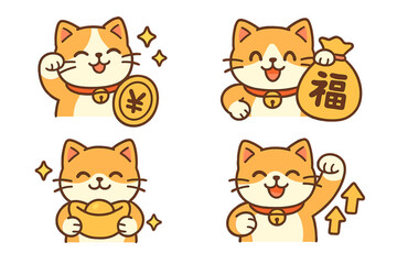 Set of cute Maneki Neko. Japanese beckoning lucky cat holding gold yen coin, money bag and ingot. Asian good fortune and prosperity symbol. Kawaii cartoon vector icon set.