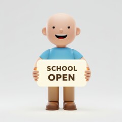 Fototapeta premium 3D Icon Happy Character Holding School Open Sign