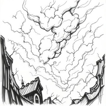 Generative AI Ink Drawing: Buildings and Stormy Sky Ink drawing Black and white Architecture Stormy sky Clouds Low angle view Roof Gothic Fantasy Illustration Hand drawn - High Quality