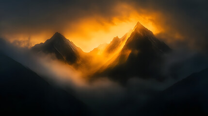 The ethereal beauty of foggy mountain peaks at sunrise, with the mist slowly lifting and the golden light shining through.