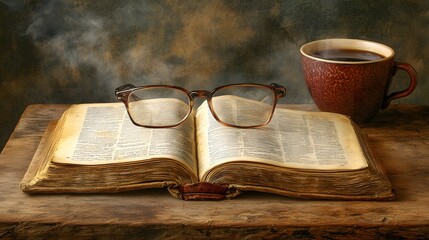 Naklejka premium Vintage Glasses on Open Book with Coffee Mug in Cozy Setting