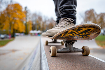 Obraz premium First-person angle holding skateboard at edge of ramp, autumn park atmosphere
