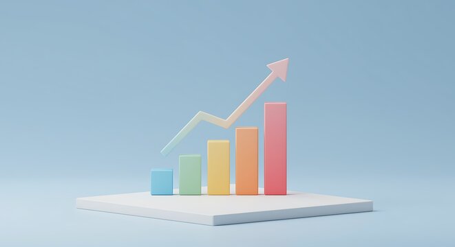Rising bar graph with arrow showcasing growth success and financial performance against a soft blue background representing positive economic trends