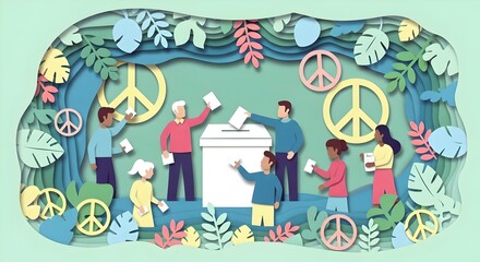 Diverse people casting votes at a ballot box surrounded by peace symbols and foliage