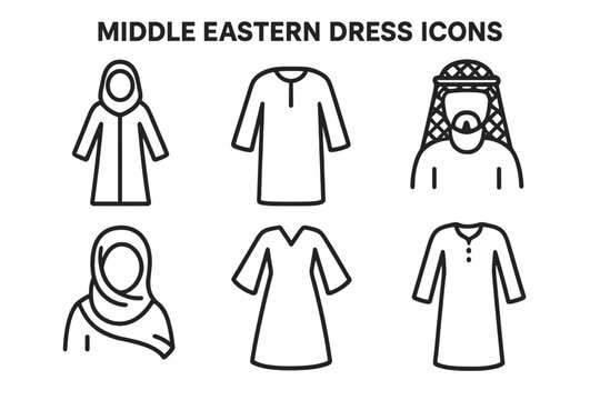 Middle Eastern traditional dress icon set. Arabic and Islamic clothing symbols. Vector line art of abaya, thawb, keffiyeh, hijab, kaftan, jalabiya. Muslim culture fashion.