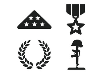 Military honors and remembrance icon set. Solid glyph vector graphics of a folded flag, medal of honor, laurel wreath, and the fallen soldier battle cross memorial icon.