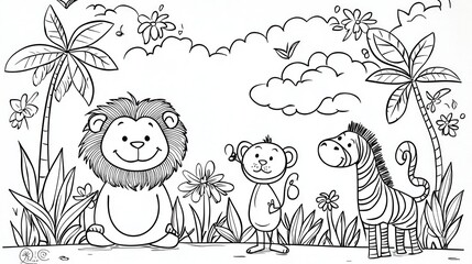 Fototapeta premium Cute jungle animals coloring book page, featuring a smiling lion, a playful monkey, a baby elephant, and a curious zebra, surrounded by tropical trees and flowers, bold outlines, 