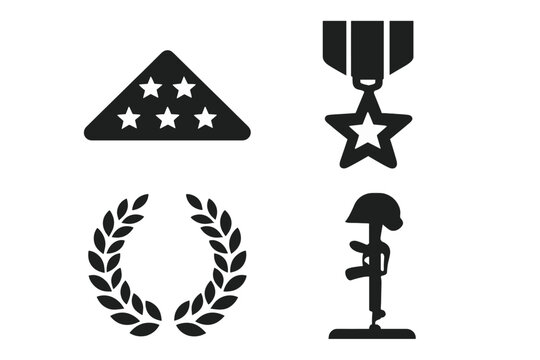 Military honors and remembrance icon set. Solid glyph vector graphics of a folded flag, medal of honor, laurel wreath, and the fallen soldier battle cross memorial icon.