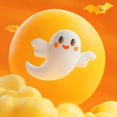 Cute ghost flying in orange sky