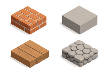 Isometric Building Material Textures Set. Exposed Brick Pattern, Concrete Aggregate Block, Wooden Plank Slab, and Cobbled Stone Pavement. Construction, Architecture, 3D Vector Illustration.