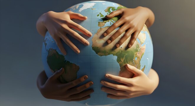 Diverse hands embracing planet earth symbolizing global unity and environmental care