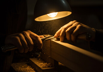 Close-up of a craftsman's hands using a chisel to shape a piece of wood under the warm light of a lamp.