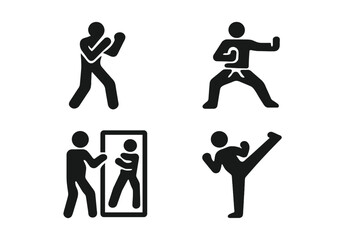 Martial arts solo training icon set. Pictograms of fighter shadowboxing, karate kata stance, mirror practice, and kicking. Vector symbols for self-defense and combat sports.
