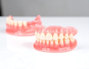 Fototapeta premium Two Dentures on a White Surface, Dental Prosthesis, Healthcare.