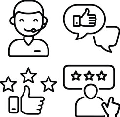 A collection of line art icons representing customer service, positive feedback, ratings, and satisfaction with thumbs up and stars.