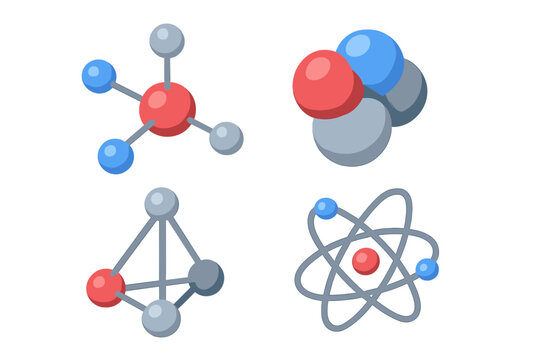 Isometric Molecular Modeling Tools Icons Set of 4, Ball-and-Stick and Space-Filling Models Vector Illustration, Science and Chemistry Design Elements