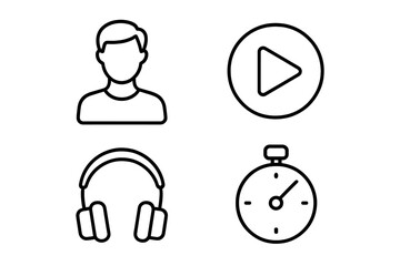 Guided meditation vector icon set. Outline symbols for mindfulness app: narrator, play button, headphones, timer. Wellness, audio relaxation & podcast elements collection.