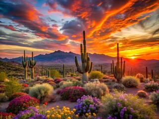 A vibrant sunset over the arizona desert landscape with saguaro cactus and colorful wildflowers © BONNA AKTHER AME