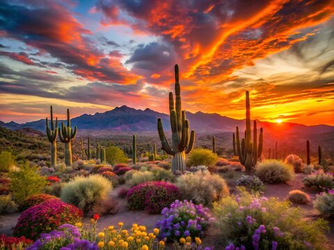 A vibrant sunset over the arizona desert landscape with saguaro cactus and colorful wildflowers