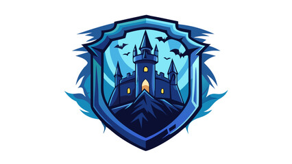 Fototapeta premium Mysterious Blue Castle Emblem with Bats and Spiky Border - Ethereal Fantasy Logo Design