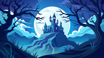 Mysterious Castle on a Hill Under a Full Moon: Spooky Night Landscape with Silhouetted Trees and Clouds